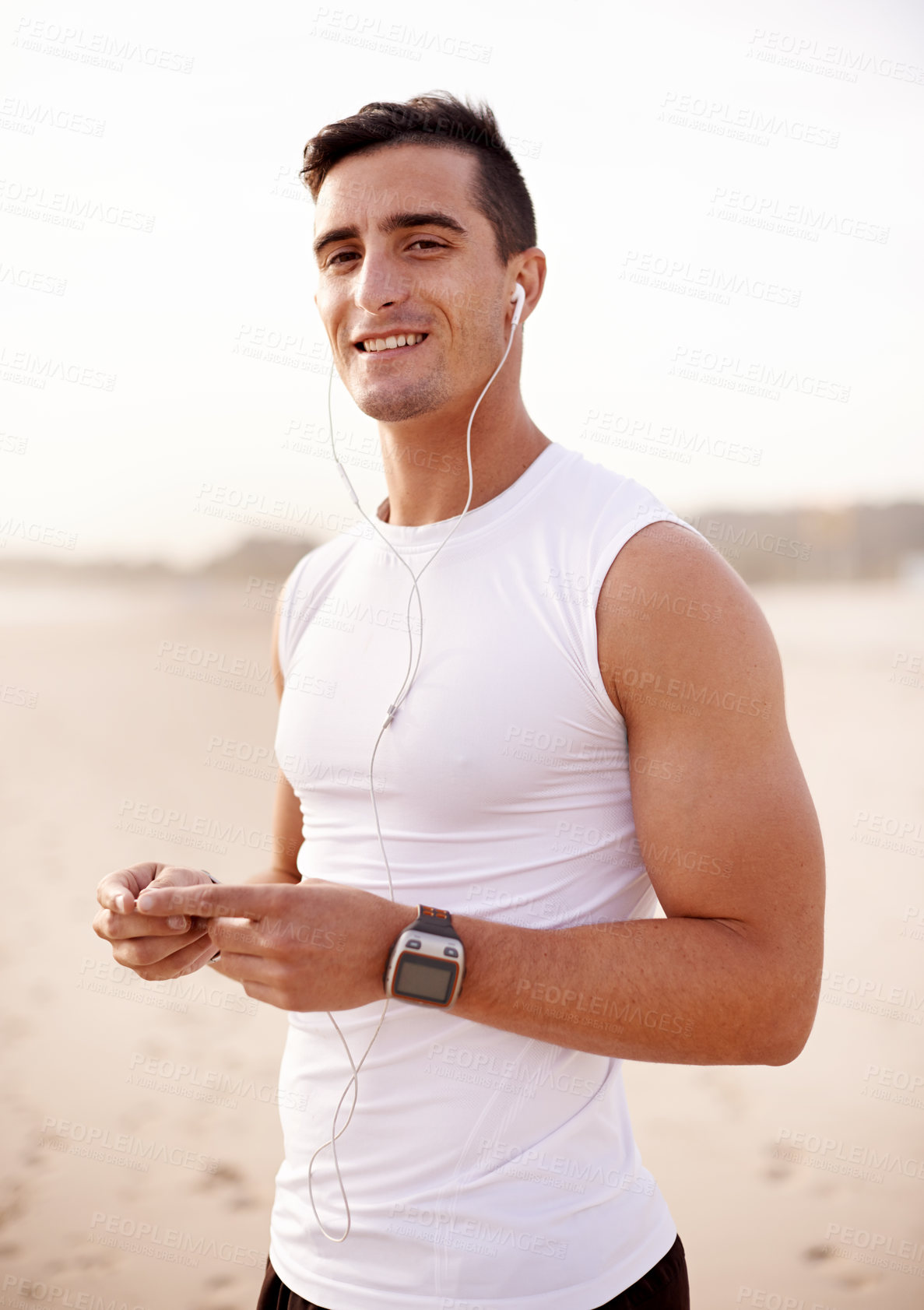 Buy stock photo Earphones, sports and portrait of man outdoor listening to music, podcast or radio for run. Fitness, happy and male athlete with audio tech for cardio workout, exercise or training playlist.