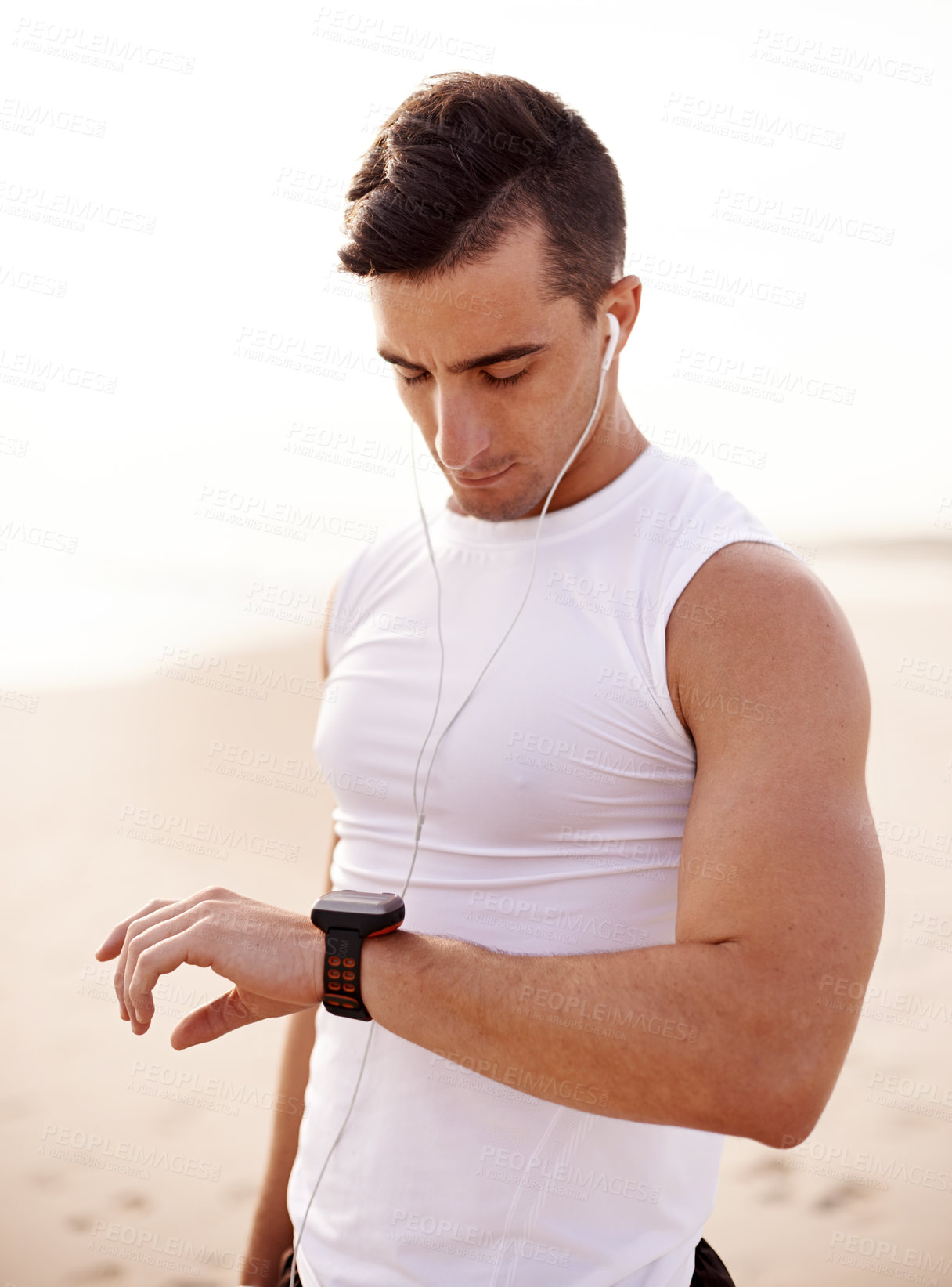 Buy stock photo Fitness, nature and man with smart watch for tracking progress, bpm or heart rate activity with running. Sports, digital timepiece and male athlete with equipment for cardio workout stats outdoor.