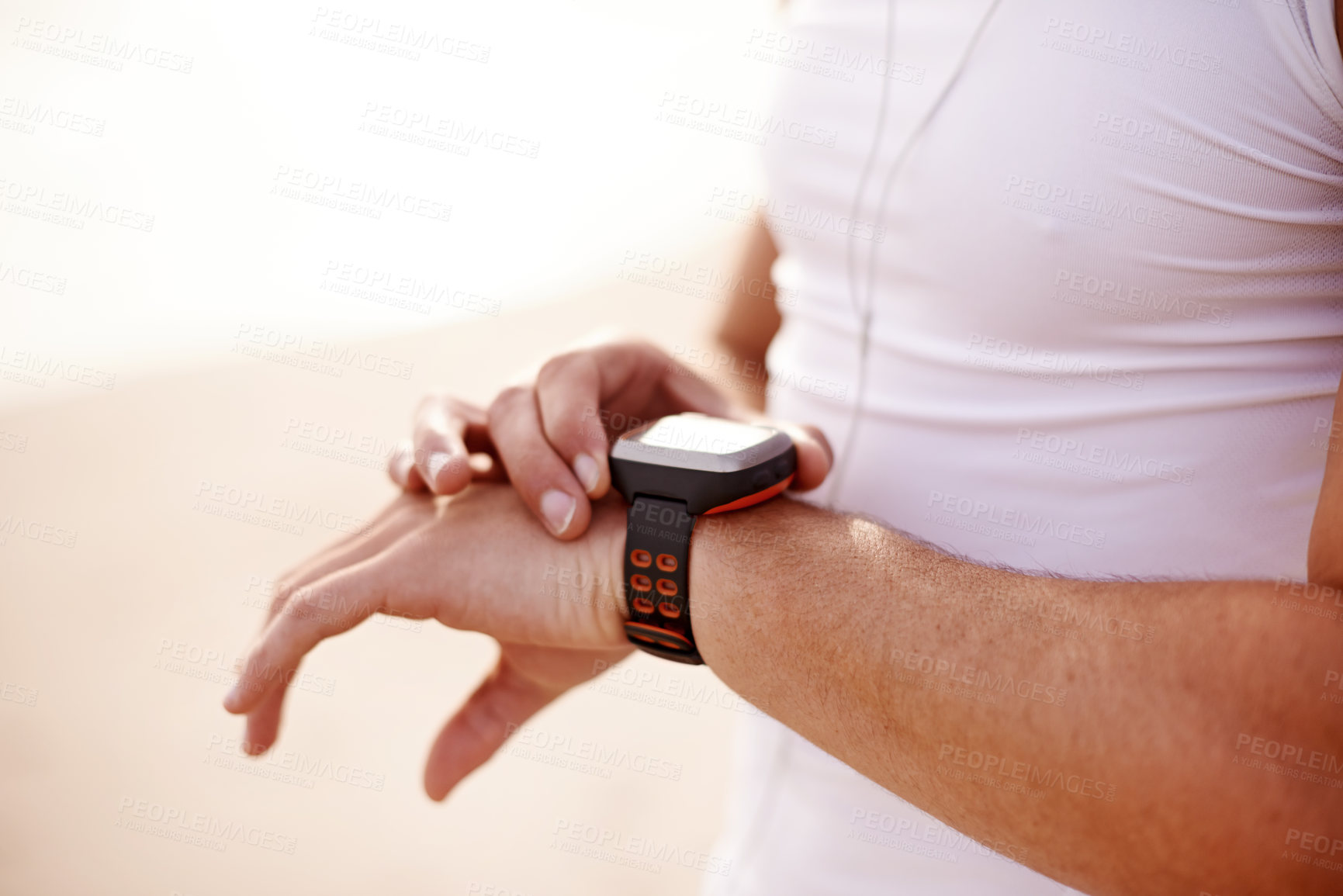 Buy stock photo Fitness, arm and person with smart watch for tracking progress, bpm or heart rate activity with running. Sports, digital timepiece and closeup of athlete with equipment for cardio workout outdoor.