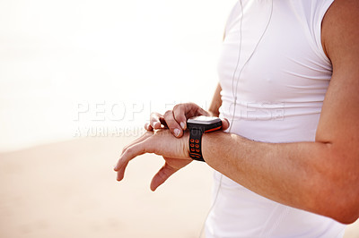 Buy stock photo Smart watch, hand and man outdoor for running with fitness tracker app for heart rate. Sports, exercise and closeup of athlete with digital wrist device for cardio activity monitoring with workout.