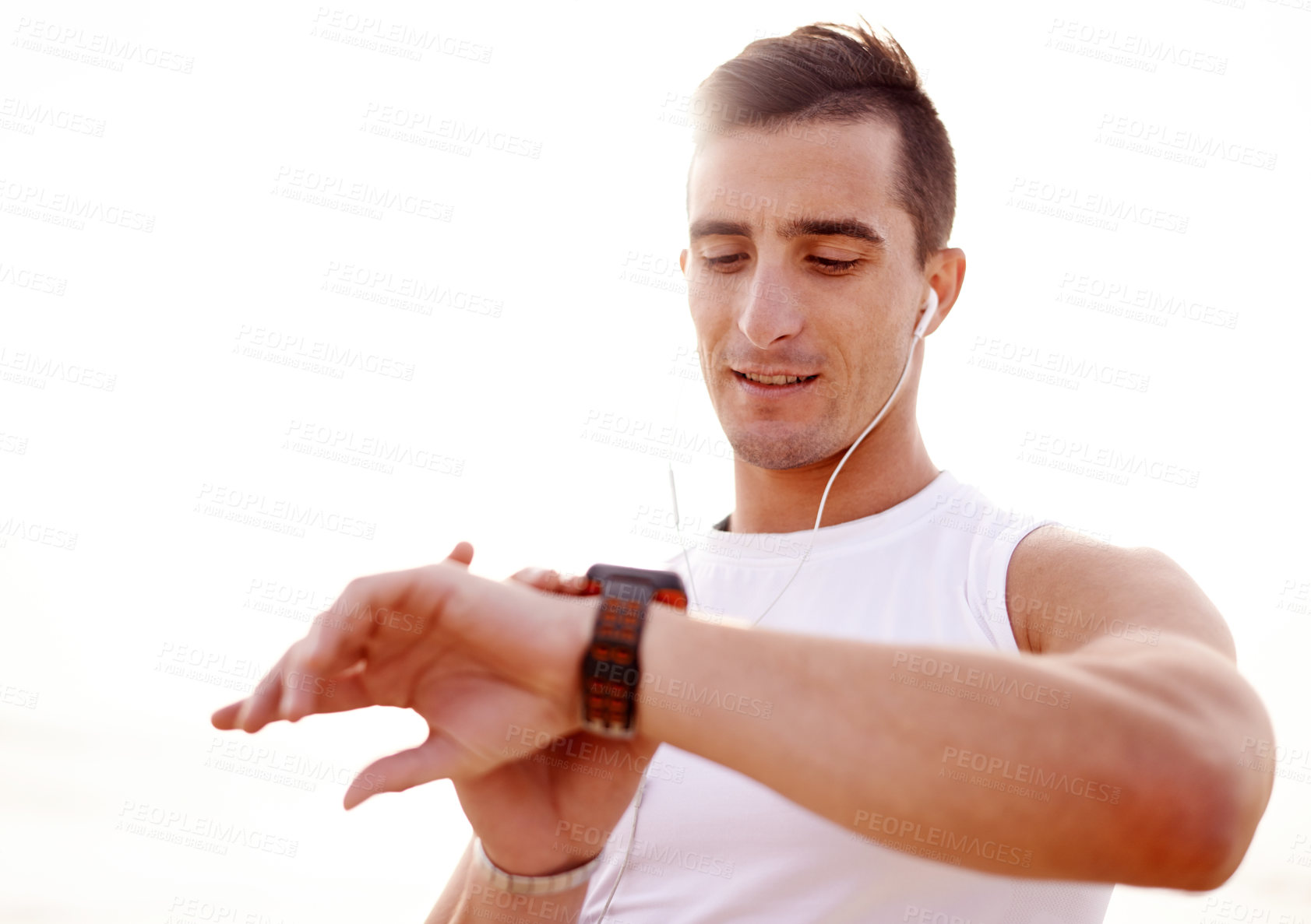 Buy stock photo Smart watch, earphones and man outdoor for exercise with fitness tracker app for heart rate. Mockup space, audio tech and athlete with digital wristband for cardio activity monitoring with workout