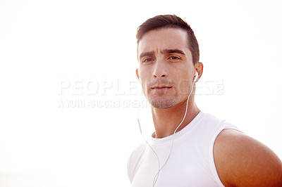 Buy stock photo Fitness, outdoor and portrait of man with earphones for running with music, album or playlist for challenge. Sport, workout and athlete with audio tech for race, marathon or endurance training.