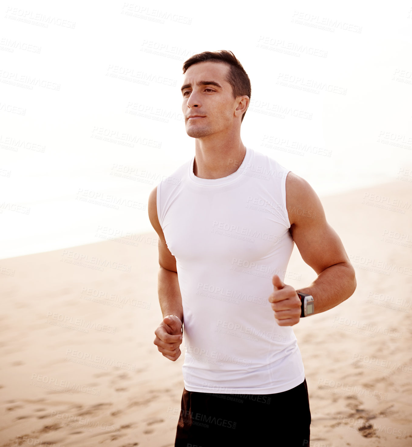 Buy stock photo Fitness, man and running at ocean for body wellness, health and sports workout to practice for marathon. Beach, athlete and runner jog for cardio training, exercise and energy for endurance race