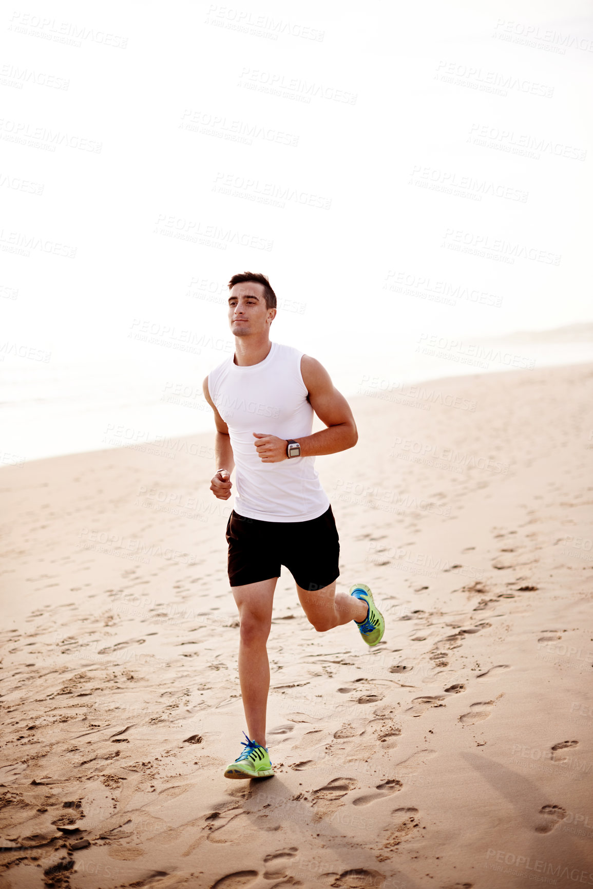 Buy stock photo Fitness, man and running at sea for body wellness, health and sports workout to practice for marathon. Beach, athlete and runner jog for cardio training, exercise or energy with mockup space outdoor