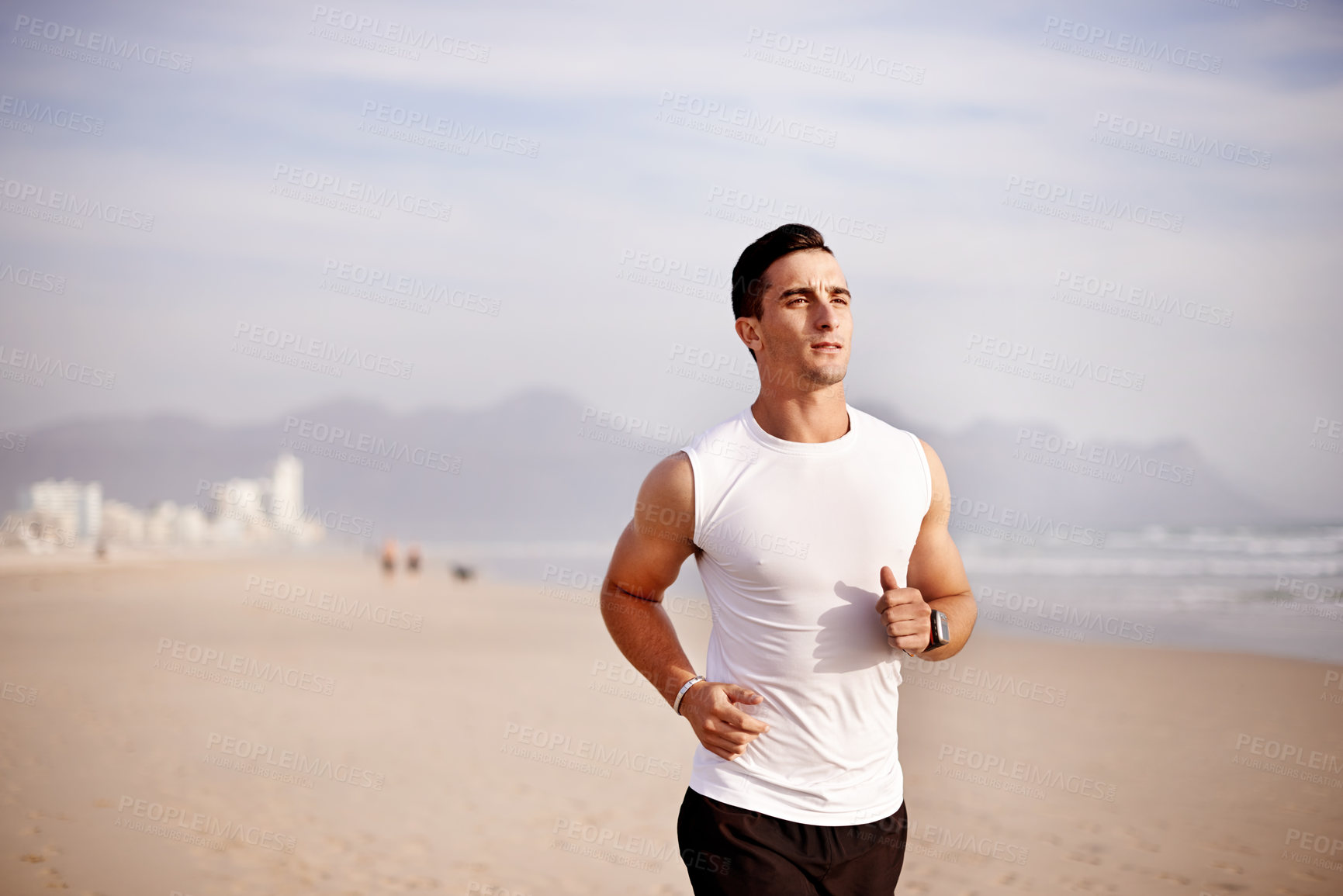 Buy stock photo Man, sand and runner on beach for fitness, outdoor cardio and sports workout for exercise. Male person, water and athlete for marathon training in nature, ocean and performance on tropical holiday