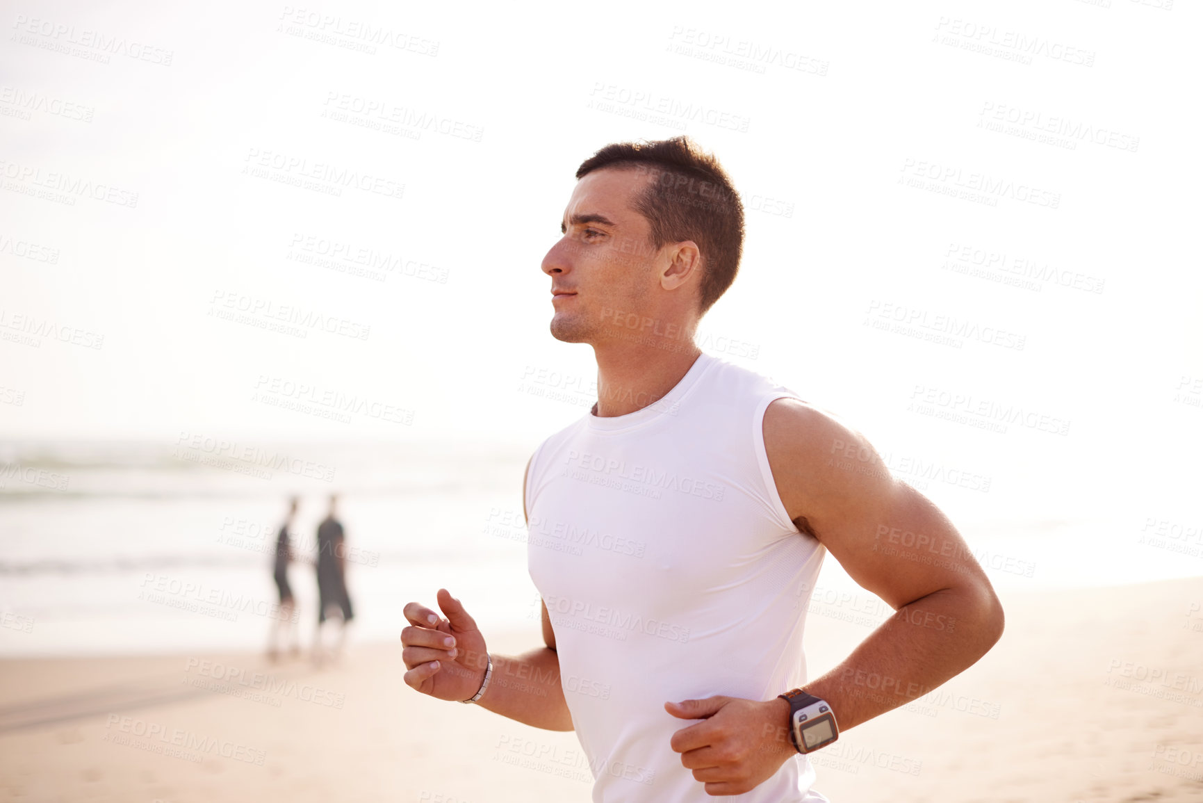 Buy stock photo Fitness, man and running at beach for wellness, body health and sports workout for marathon race. Ocean, athlete and runner jog for cardio training, lose weight and energy for endurance exercise