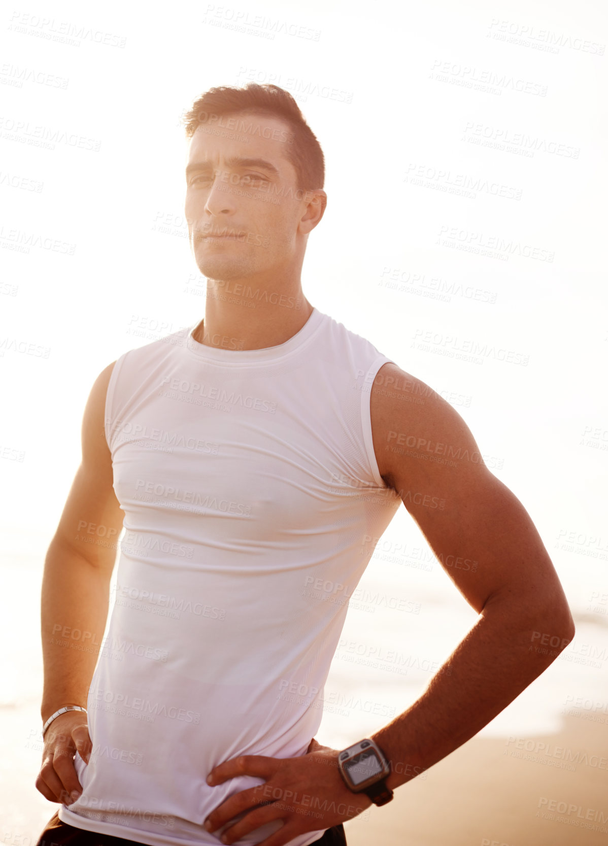 Buy stock photo Portrait, beach and man with fitness, wellness and confidence with endurance, pride and challenge. Face, seaside and runner with workout, healthy person and serious with practice, strong and sports