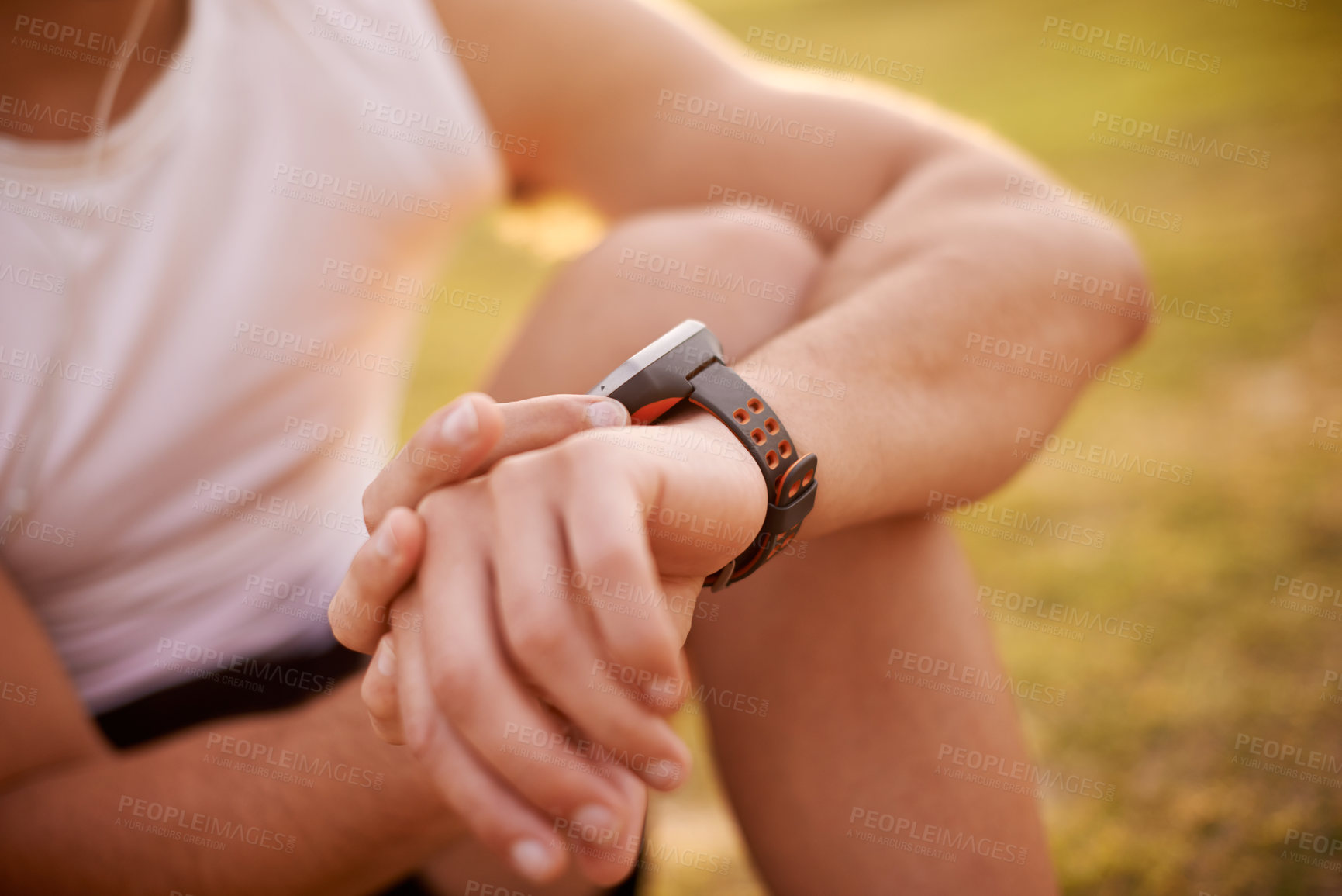 Buy stock photo Smart watch, hand and man in nature for running with fitness tracker app for heart rate. Sports, exercise and closeup of athlete with digital wrist device for cardio activity monitoring with workout.