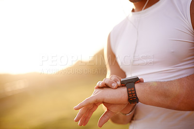 Buy stock photo Smart watch, hand and man in park for running with fitness tracker app for heart rate. Sports, closeup and male athlete with digital wrist device for cardio activity monitoring with workout.