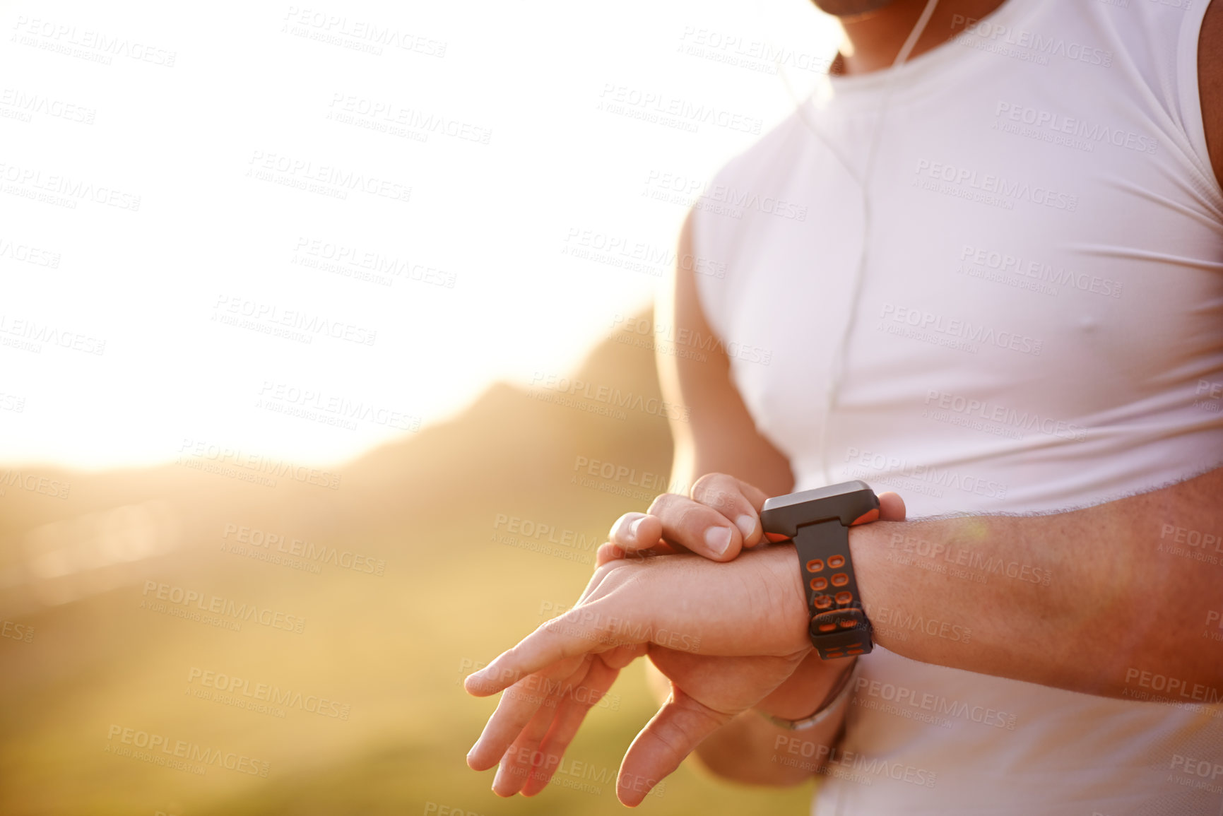Buy stock photo Smart watch, hand and man in park for running with fitness tracker app for heart rate. Sports, closeup and male athlete with digital wrist device for cardio activity monitoring with workout.