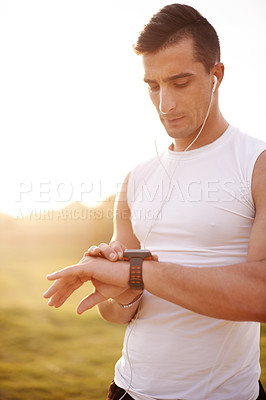 Buy stock photo Sports, nature and man with smart watch for tracking progress, bpm or heart rate activity with running. Fitness, digital timepiece and male athlete with equipment for cardio workout stats outdoor.