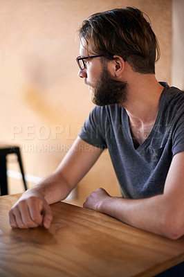 Buy stock photo Thinking, relax and vision with man in coffee shop for reflection, idea or lunch break. Memory, decision and future with male customer in cafeteria for inspiration, restaurant opportunity or solution