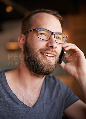 Buy stock photo Phone call, thinking and happy with man in coffee shop for customer feedback, vendor inquiry and reservation. Restaurant order, entrepreneur and small business owner with person in cafe for vision