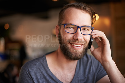 Buy stock photo Phone call, portrait and chat with man in coffee shop for customer feedback, vendor inquiry and reservation. Restaurant order, entrepreneur and small business owner with person in cafe for smile