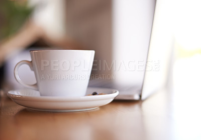 Buy stock photo Coffee, laptop and drink in cafe for hospitality, service and complimentary cookie. Mug, customer care or tea at restaurant table for break, caffeine and warm beverage in cup with tech for networking