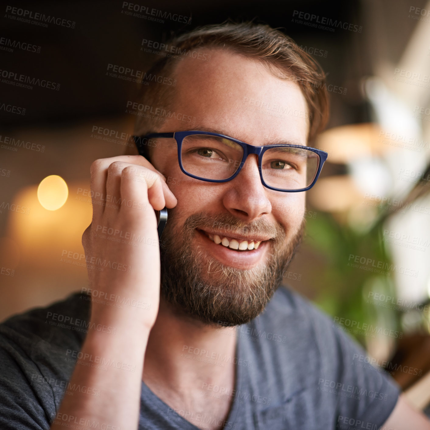 Buy stock photo Phone call, portrait and happy with man in coffee shop for customer feedback, vendor inquiry and reservation. Restaurant order, entrepreneur and small business owner with person in cafe for chat