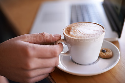 Buy stock photo Freelancer, hands and laptop with person coffee shop  for online review, customer feedback and report. Small business, remote worker and cafe reputation with client closeup in restaurant for lunch