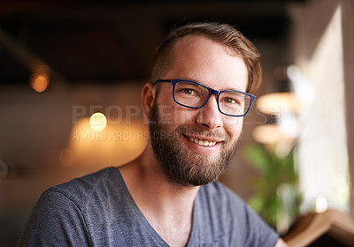 Buy stock photo Glasses, happy and portrait of man in cafe for digital nomad career with travel for inspiration. Remote work, vision and face of copywriter in restaurant coffee shop in morning for creative project.
