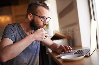 Buy stock photo Man, coffee and laptop in cafe networking on social media, mobile app or internet website research. Planning, technology and freelance editor reading email for remote work, communication or feedback