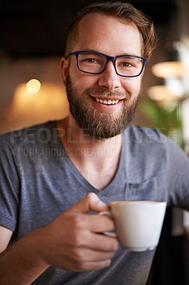 Buy stock photo Coffee, smile and portrait of man in cafe for digital nomad career with travel for creativity. Glasses, cappuccino and copywriter with caffeine drink in restaurant on morning for inspiration project.