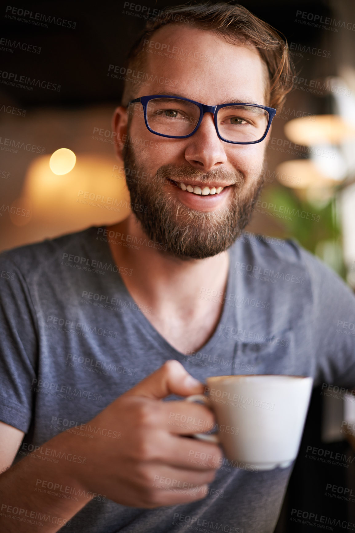 Buy stock photo Coffee, smile and portrait of man in cafe for digital nomad career with travel for creativity. Glasses, cappuccino and copywriter with caffeine drink in restaurant on morning for inspiration project.