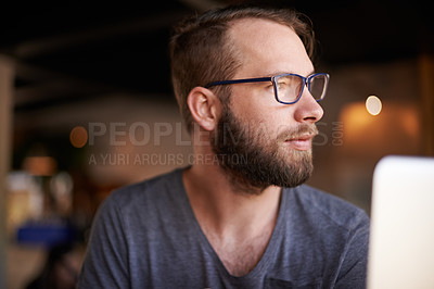 Buy stock photo Thinking, relax and freelancer with man in coffee shop for reflection, laptop research and lunch break. Memory, decision and future with customer in cafe for inspiration, opportunity or solution