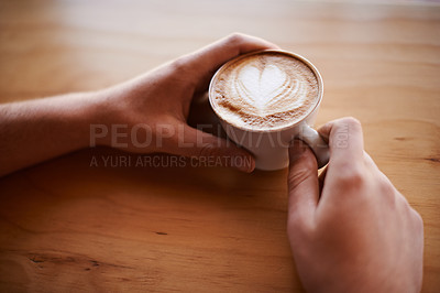 Buy stock photo Latte art, hand and foam with customer in coffee shop for morning, espresso and caffeine fix. Mocha, beverage and hospitality with person in cafe restaurant for brunch break,  creative or closeup