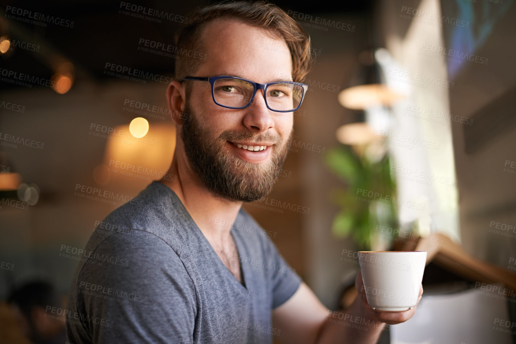 Buy stock photo Smile, portrait and drinking with man in coffee shop for morning, espresso and caffeine fix. Mocha, beverage and hospitality with customer in cafe restaurant for brunch break, cappuccino and latte