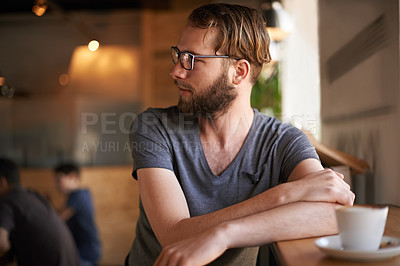 Buy stock photo Thinking, relax and drink with man in coffee shop for reflection, idea and lunch break. Memory, decision and future with male customer in cafeteria for inspiration, restaurant opportunity or solution