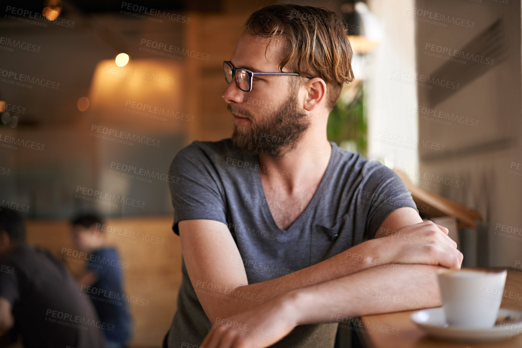 Buy stock photo Thinking, relax and drink with man in coffee shop for reflection, idea and lunch break. Memory, decision and future with male customer in cafeteria for inspiration, restaurant opportunity or solution