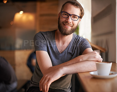 Buy stock photo Portrait, man and glasses with coffee at cafe of morning start, weekend break and hospitality service. Male person, smile and beverage drink of customer experience, caffeine breakfast and latte order