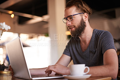 Buy stock photo Man, scroll and planning in cafe networking on social media, mobile app or internet website research. Laptop, technology and freelance editor reading email for remote work, communication or feedback