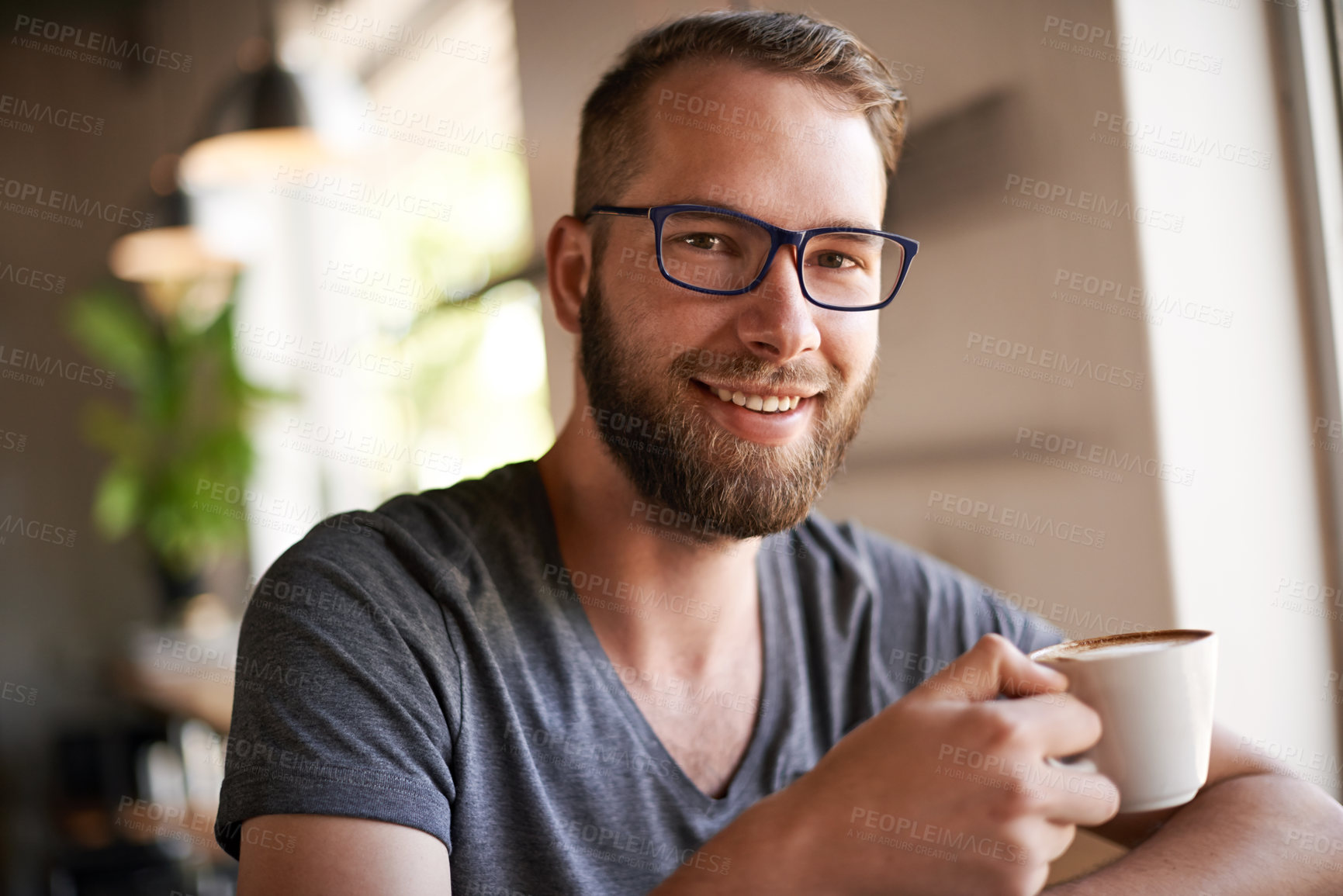 Buy stock photo Happy, man and portrait with coffee at cafe of morning start, weekend break and hospitality service. Male person, glasses and beverage drink for customer experience, caffeine breakfast and shop order