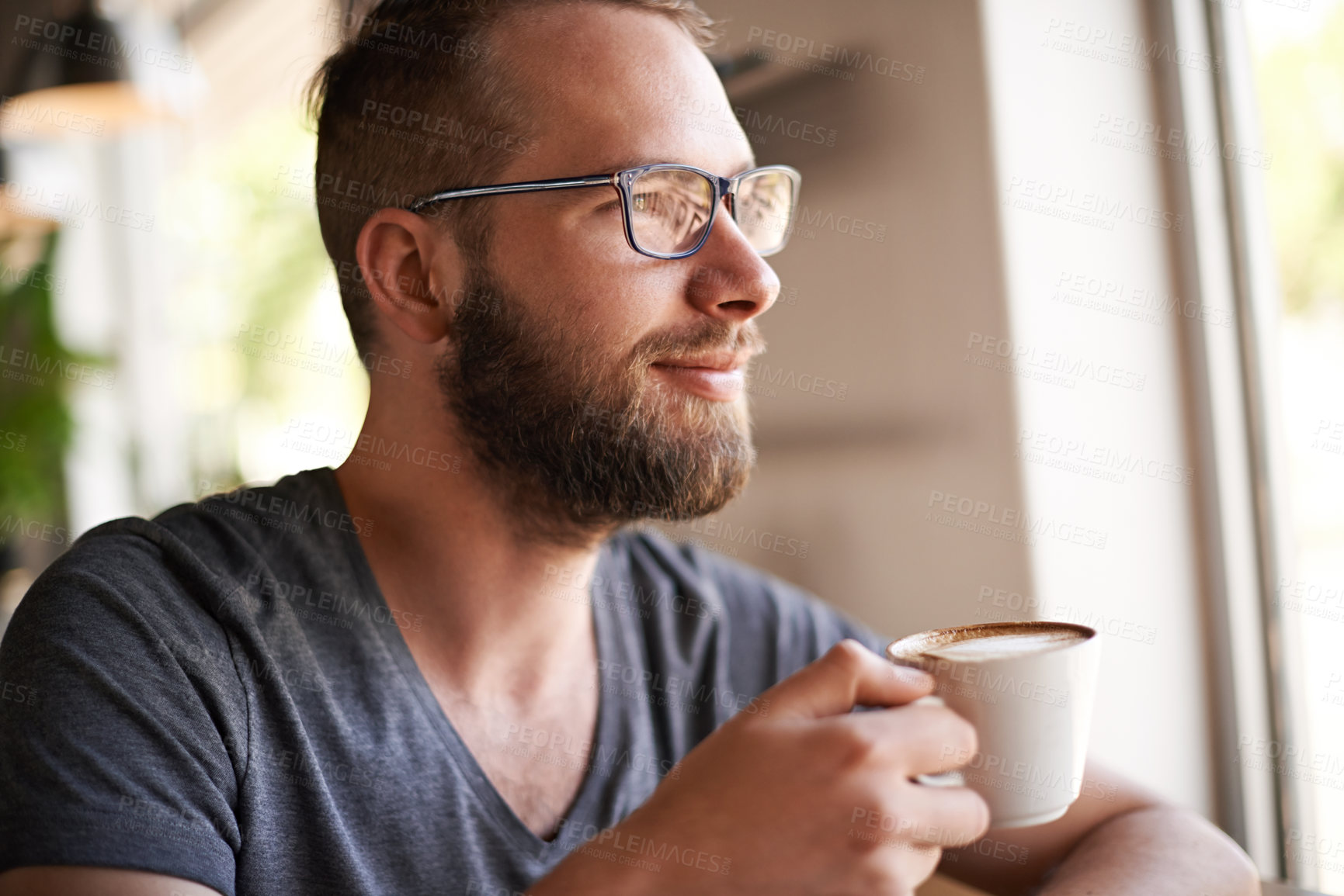 Buy stock photo Thinking, man and glasses with coffee at shop of morning start, past reflection and nostalgia. Male person, contemplation and espresso beverage of customer experience, memory and hospitality services