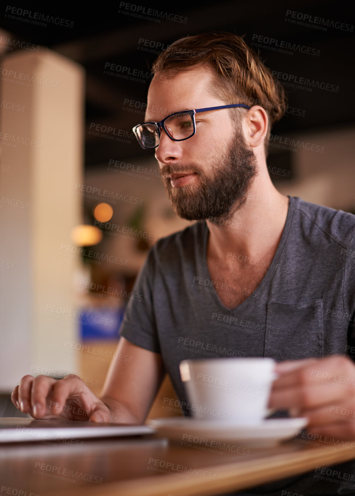 Buy stock photo Man, laptop and feedback in cafe networking on social media, mobile app or internet website research. Coffee shop, tech and freelance editor reading email for remote work, communication or planning
