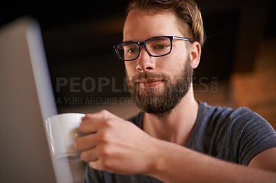 Buy stock photo Man, laptop and thinking in cafe networking on social media, mobile app or internet website research. Coffee shop, tech and freelance editor reading email for remote work, communication or feedback