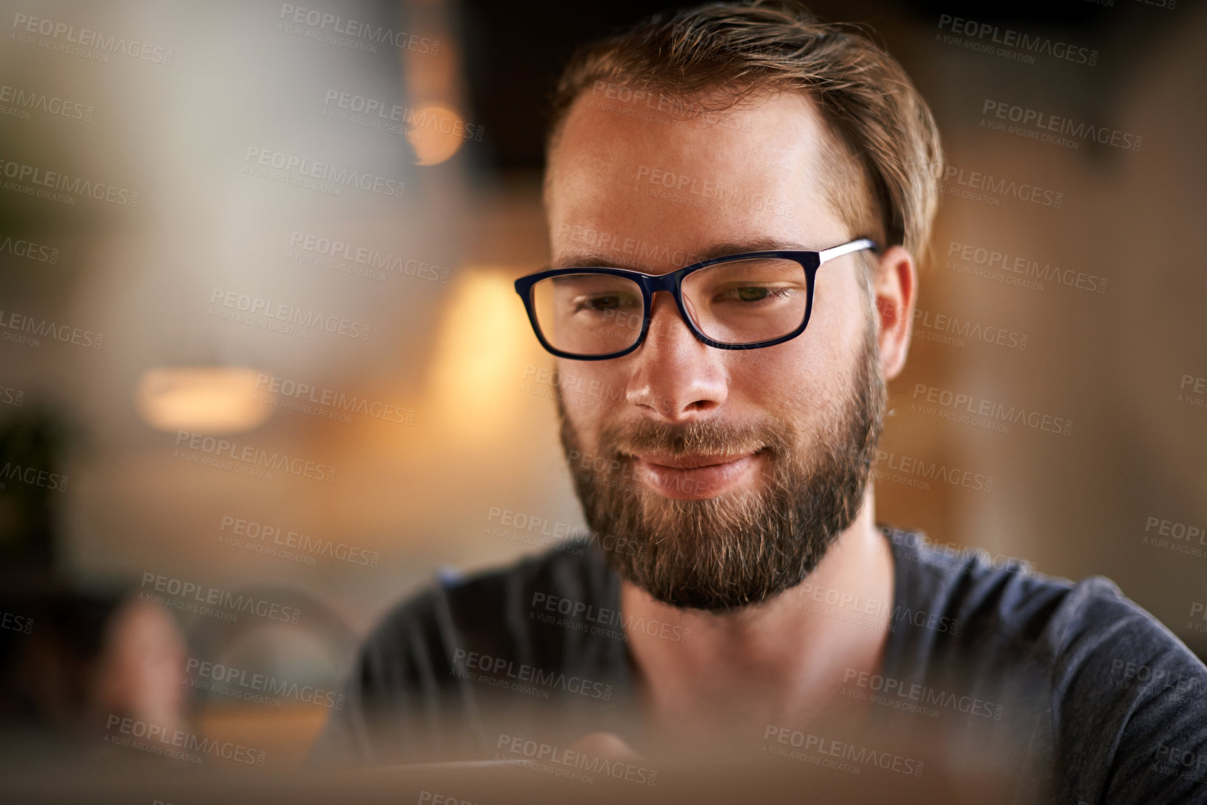 Buy stock photo Business, laptop and man in coffee shop, glasses and online reading for email, feedback and report. Person, copywriting and freelancer in cafe, eyewear and internet with pc and review article