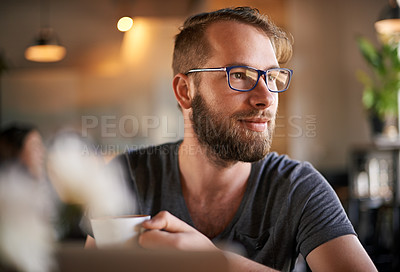 Buy stock photo Thinking, man and glasses with coffee at store of morning start, past reflection and nostalgia. Male person, contemplation and espresso drink with customer experience, memory and hospitality services