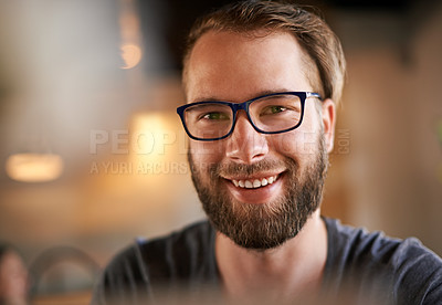Buy stock photo Glasses, happy and portrait of man in restaurant for digital nomad career with travel for inspiration. Remote work, vision and face of copywriter in cafe in morning for art project in coffee shop.