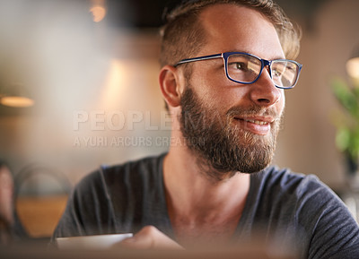 Buy stock photo Happy, man and thinking with coffee at cafe of morning start, past reflection and nostalgia. Male person, glasses and thoughts on beverage drink of customer experience, memory and hospitality service