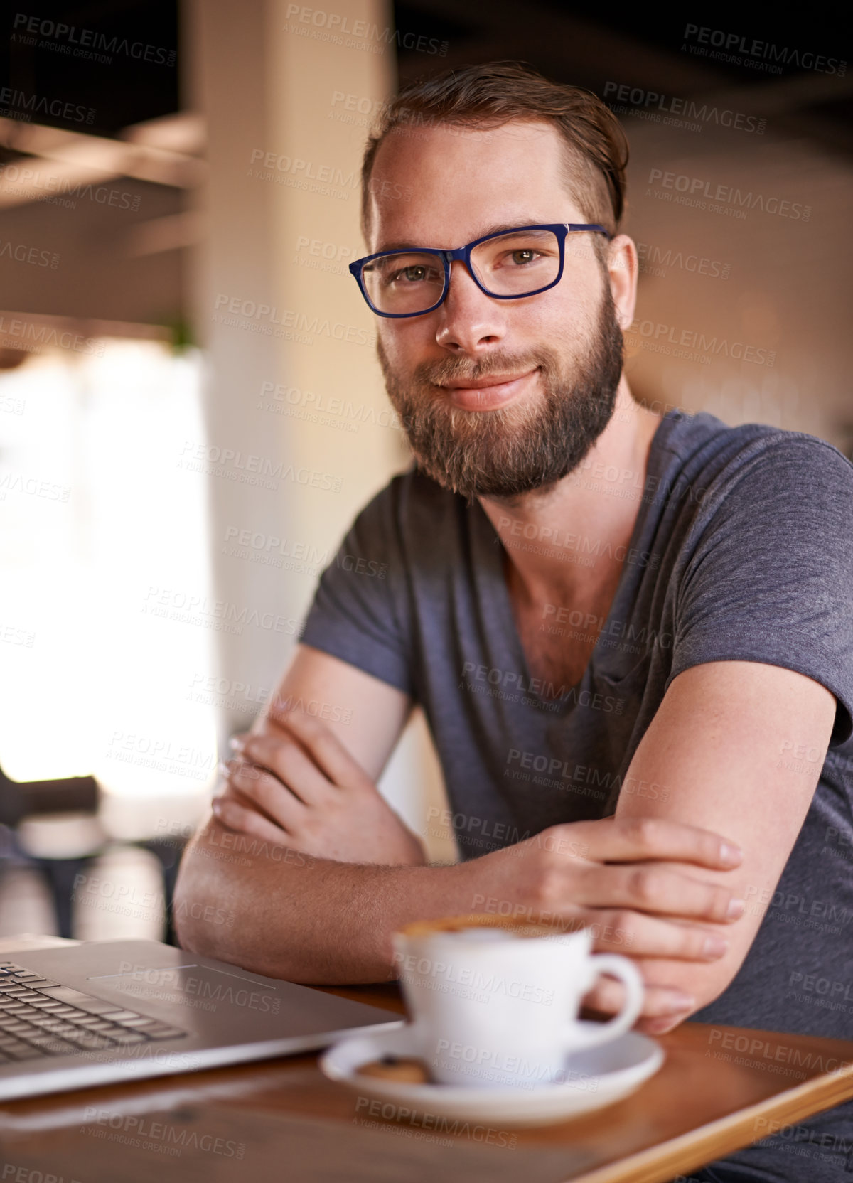 Buy stock photo Freelancer, portrait and laptop with man coffee shop for online review, customer feedback and report. Small business, remote worker and cafe reputation with person in restaurant for lunch break