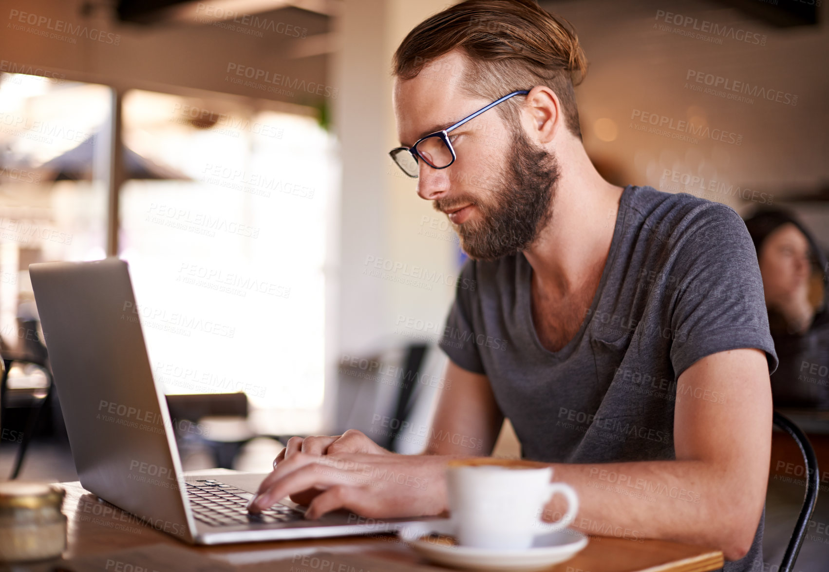 Buy stock photo Man, laptop and typing in cafe on social media, mobile app or internet website research for inspiration. Coffee shop, tech or freelance editor with email for remote work, communication or feedback