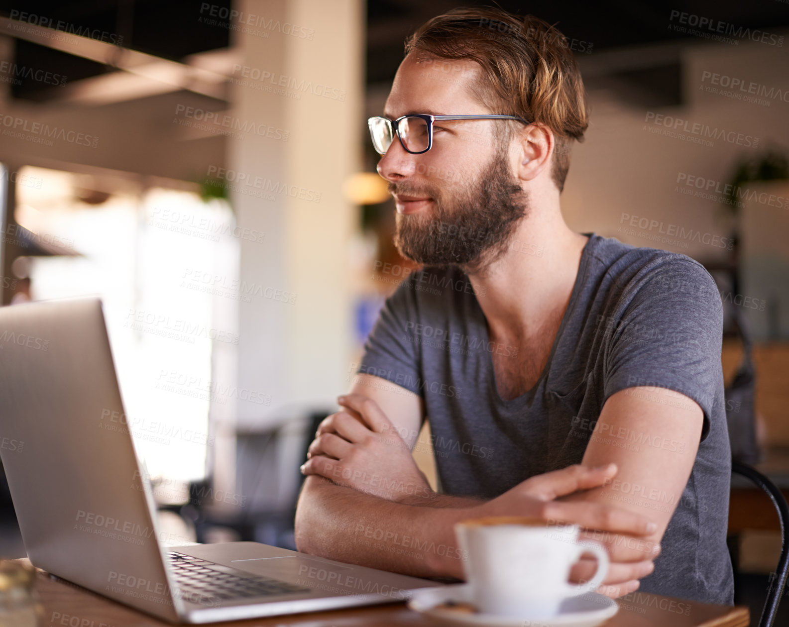 Buy stock photo Man, laptop and thinking in cafe on social media, mobile app or internet website research for inspiration. Coffee shop, tech or freelance editor with email for remote work, communication or feedback