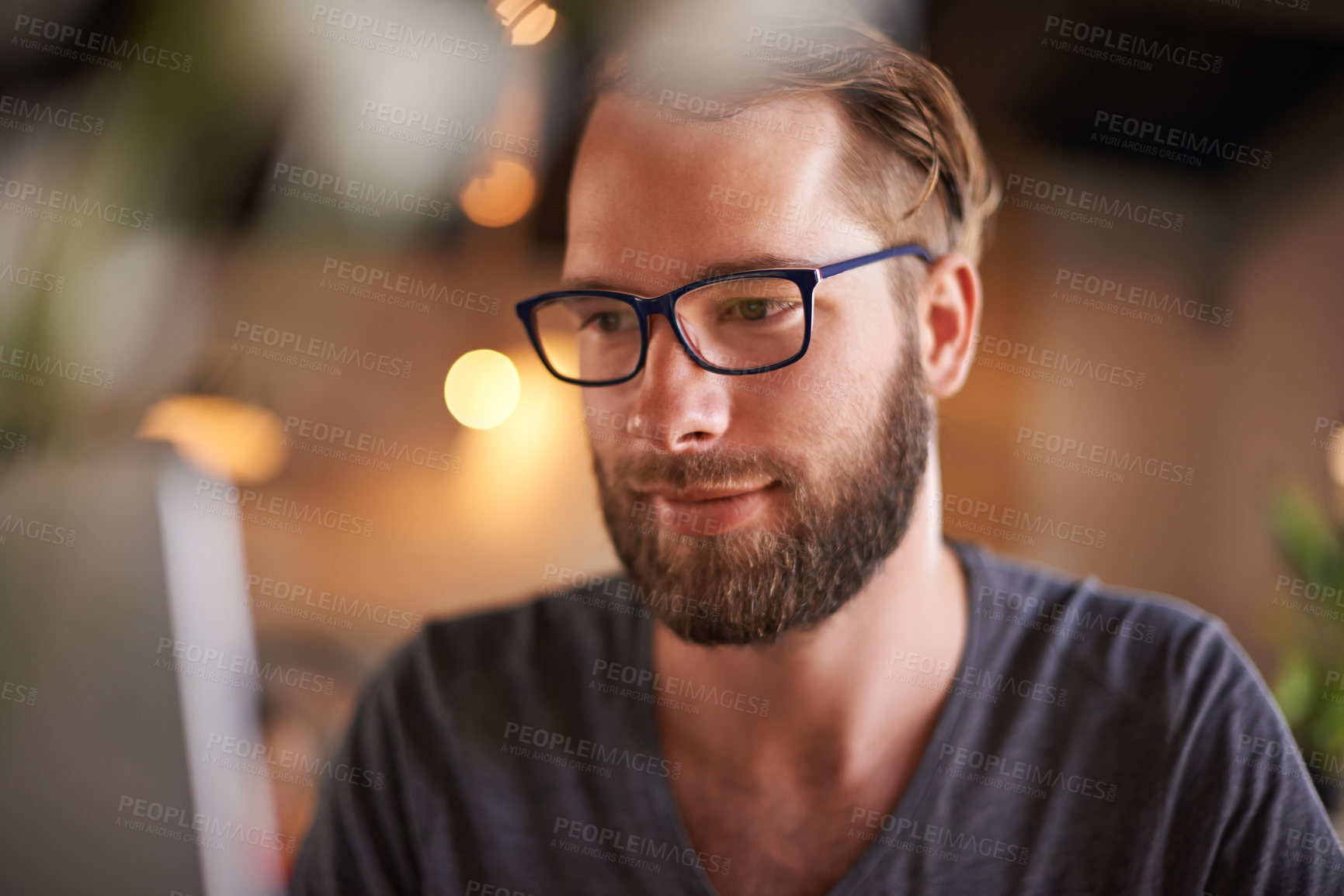 Buy stock photo Editor, laptop and thinking in coffee shop on social media, mobile app or internet website research for inspiration. Cafe, idea and freelance man with email for remote work, communication or feedback