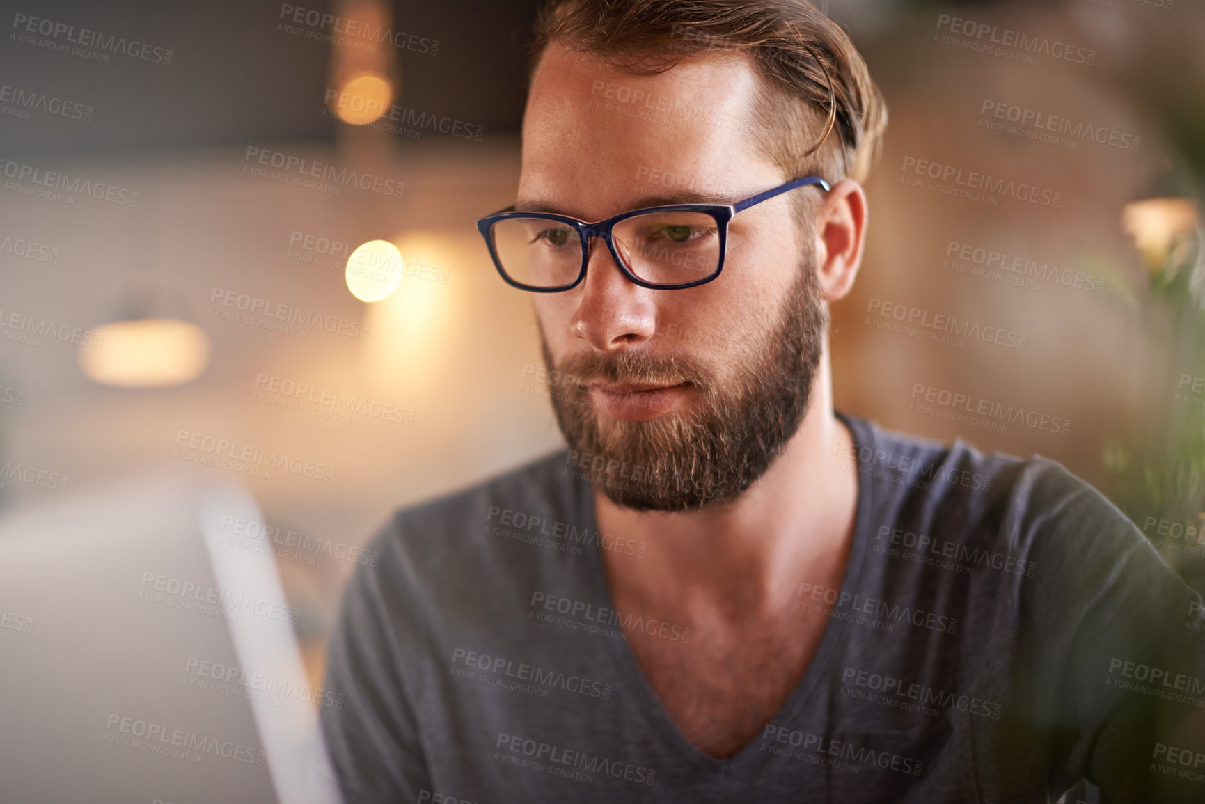 Buy stock photo Reading, freelancer and laptop with man coffee shop for online review, customer feedback and report. Small business, remote worker and cafe reputation with person in restaurant for lunch break