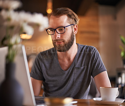 Buy stock photo Editor, laptop and idea in coffee shop on social media, mobile app or internet website research for inspiration. Cafe, thinking and freelance man with email for remote work, communication or feedback