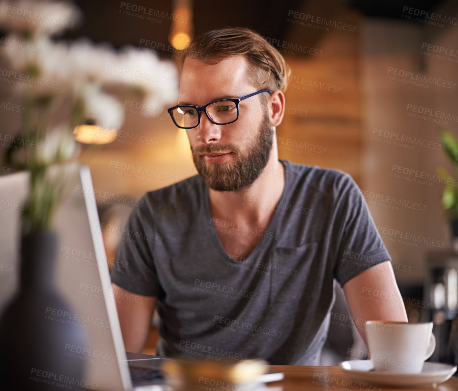 Buy stock photo Editor, laptop and idea in coffee shop on social media, mobile app or internet website research for inspiration. Cafe, thinking and freelance man with email for remote work, communication or feedback