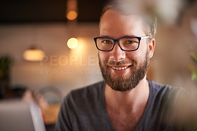 Buy stock photo Portrait, man and happy with laptop in cafe for internet connection, remote work or planning creative blog. Entrepreneur, freelancer and flare with technology at restaurant for project break or relax