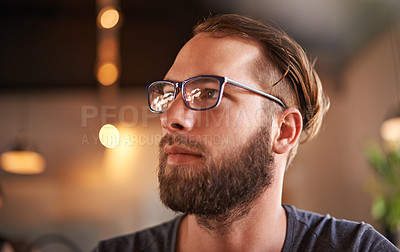 Buy stock photo Thinking, waiting and relax with man in coffee shop for reflection, cafe order and vision. Memory, lunch break and inspiration with male customer in restaurant for future, planning and decision