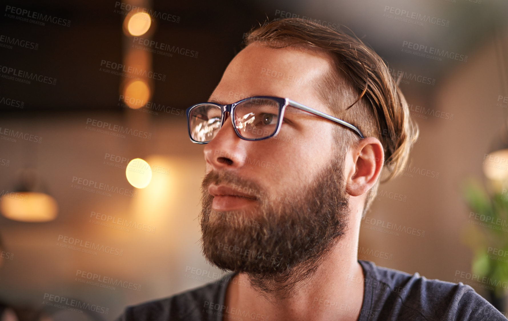 Buy stock photo Thinking, waiting and relax with man in coffee shop for reflection, cafe order and vision. Memory, lunch break and inspiration with male customer in restaurant for future, planning and decision